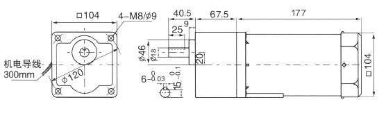 Drawing of 120W GK Constant Speed Geared Motor, Shaft Size 18mm